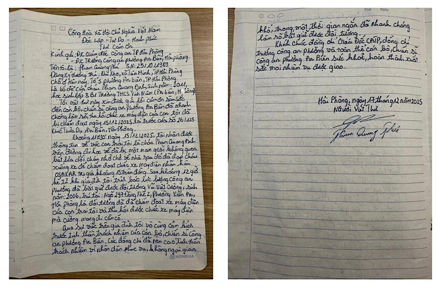 Người dân gửi thư cảm ơn Công an phường An Biên